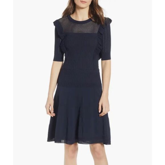 NWOT Ruffle Trim Pointelle Night Melange Fit & Flare Yoke Dress Women's Small - Picture 1 of 13